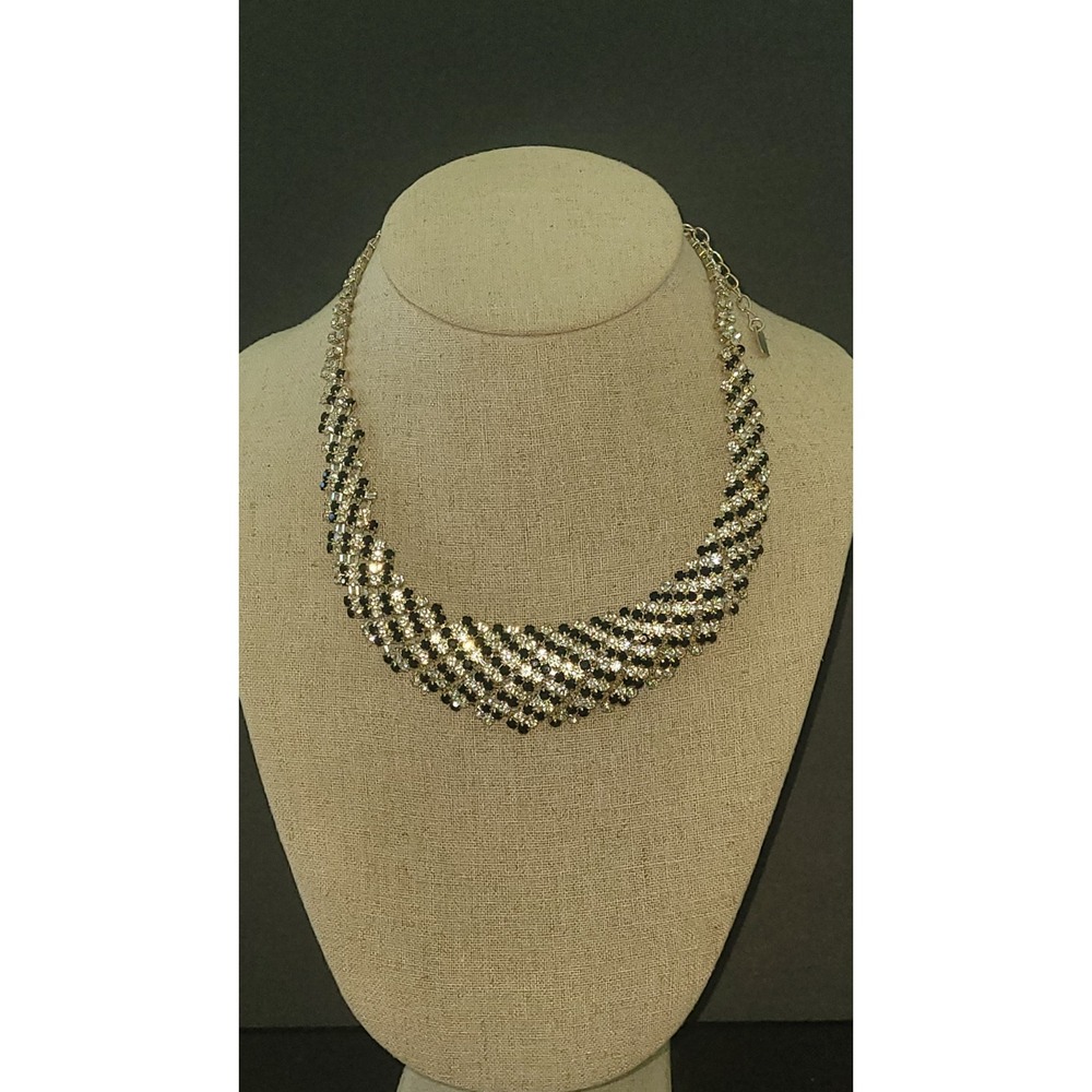 Vintage Black Clear Rhinestone Woven Bib Choker Statement Necklace 16"